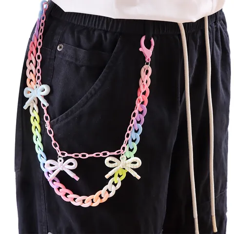 Cadena de Pantalones Y2K de Acrílico Colorido con Lazo de Mariposa Mujer Cadena de Cintura de Arcoíris Multicapa Cinturón de Aleación