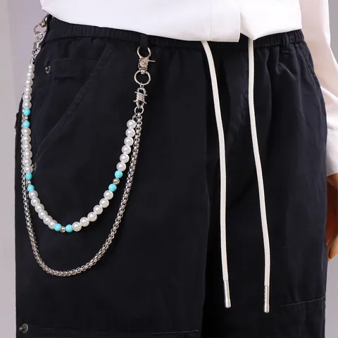 Cadena de Cintura Doble Capa Y2K para Mujer Hombre Perla de Imitación Cuentas de Turquesa Cadena de Caja de Aleación de Plata Cadena de Pantalones Accesorio de Jeans