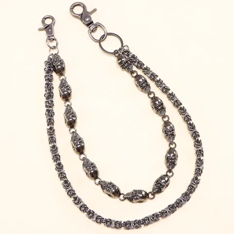 Men Punk Double Layer Skull Pants Chain Hip Hop Gun Black Alloy Byzantine Waist Chain For Jeans Wallet Key Biker Gothic Jewelry