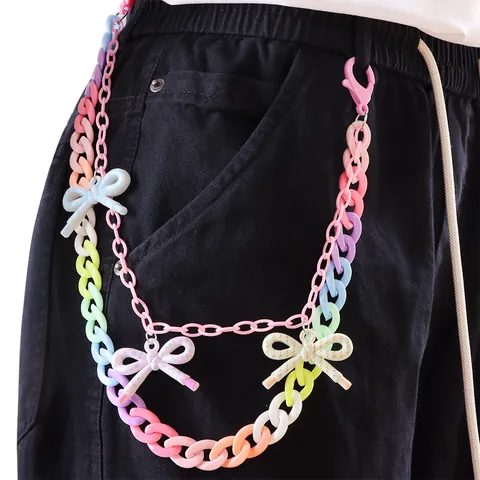 Cadena de Pantalones Y2K de Acrílico Colorido con Lazo de Mariposa Mujer Cadena de Cintura de Arcoíris Multicapa Cinturón de Aleación