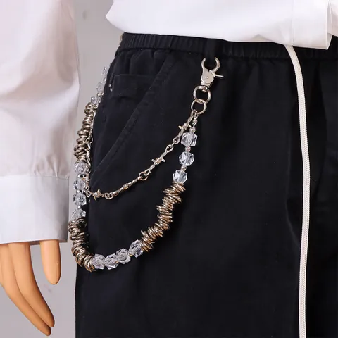 Cadena para Pantalones de Doble Capa Streetwear Vintage Punk Con Elementos de Alambre de Púas y Perlas Trasparentes Aleación Plata