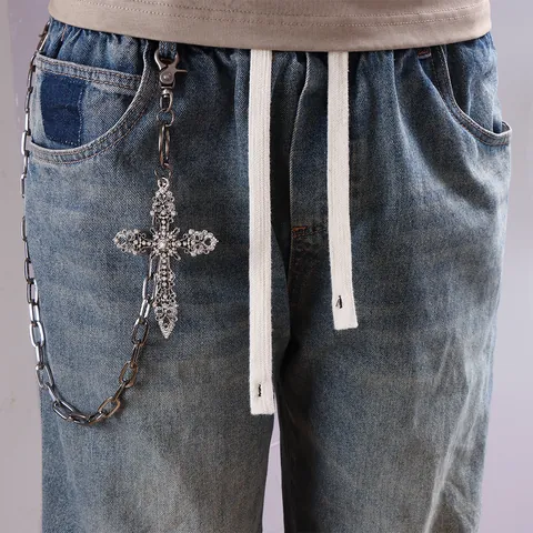 Punk Vintage Gunmetal Waist Chain Gothic Rhinestone Cross Pendant Pants Chain Hip Hop Wallet Chain For Women Men Jewelry