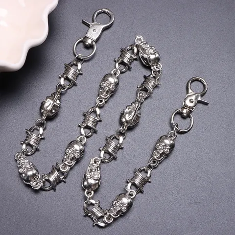 Punk Gothic Skull Barbed Wire Pants Chain Metal Hip Hop Wallet Chain For Jeans Unisex Silver Alloy Spikes Trouser Chain Accessory