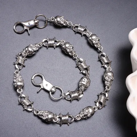 Punk Gothic Skull Barbed Wire Pants Chain Metal Hip Hop Wallet Chain For Jeans Unisex Silver Alloy Spikes Trouser Chain Accessory