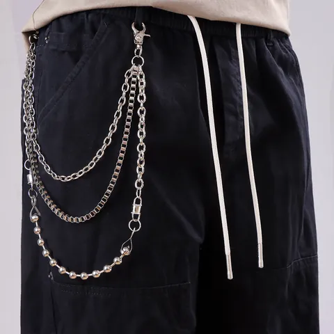 Hip Hop Multi-Layer Metal Pants Chain Vintage Silver Bead Chain Wallet Chain Streetwear Gothic Jewelry For Men
