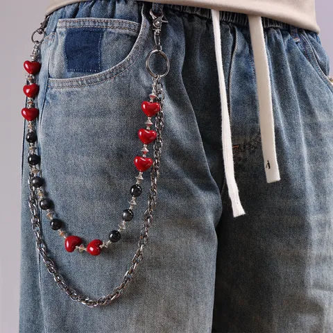 Cadena de Pantalones Gótica con Corazón Rojo y Cuentas Ojo de Gato de Aleación Metal Doble Capa para Vaqueros Punk Joyería