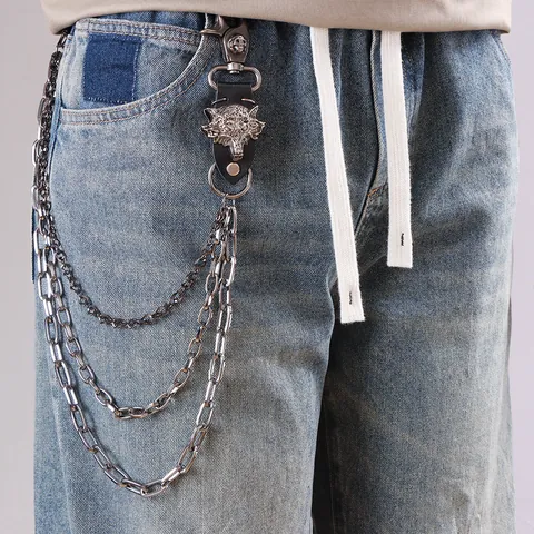 Cadena para Pantalones de Varias Capas Punk Vintage Cabeza de Lobo Aleación Cuero Genuino Cadena de Cartera Decoración Calavera