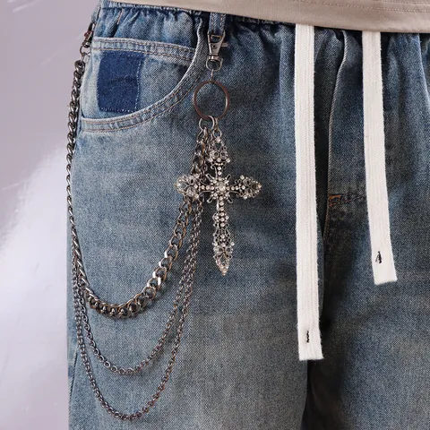 Gothic Mehrlagige Hosenkette Mit Strass Kreuz Anhänger Kanonenmetall Punk Hip Hop Taillenkette Für Herren Damen Jeans Schmuck