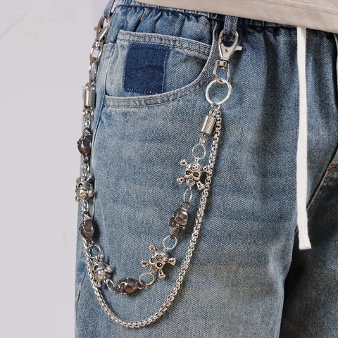 Punk Gothic Alloy Skull Crossbones Double Layer Metal Trouser Chain For Jeans Hip Hop Retro Silver Waist Chain Wallet Chain