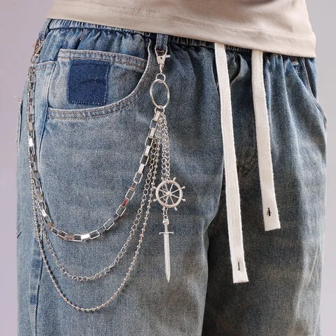 Punk Hip Hop Multi Layer Metal Pants Chain Wallet Chain With Helm And Sword Pendant Silver Waist Chain For Women Men