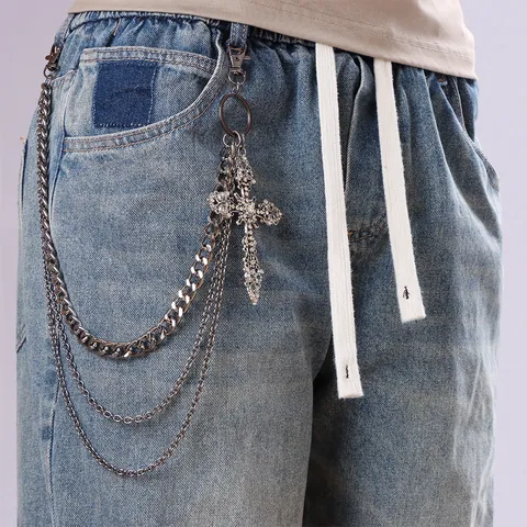 Gothic Mehrlagige Hosenkette Mit Strass Kreuz Anhänger Kanonenmetall Punk Hip Hop Taillenkette Für Herren Damen Jeans Schmuck