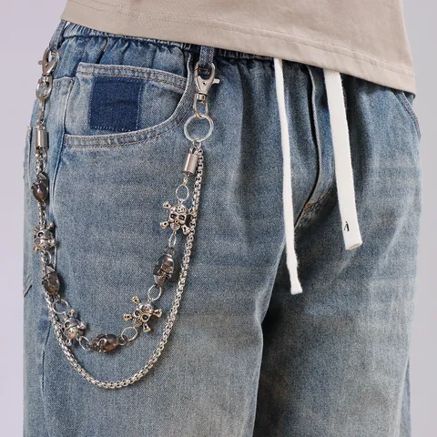 Punk Gothic Alloy Skull Crossbones Double Layer Metal Trouser Chain For Jeans Hip Hop Retro Silver Waist Chain Wallet Chain