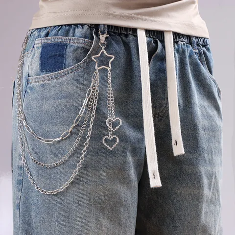 Catena per Pantaloni in Metallo Multistrato Lega Strass Stella Cuore Pendente Catena da Vita Hip Hop Streetwear Accessori Jeans per Uomo Donna