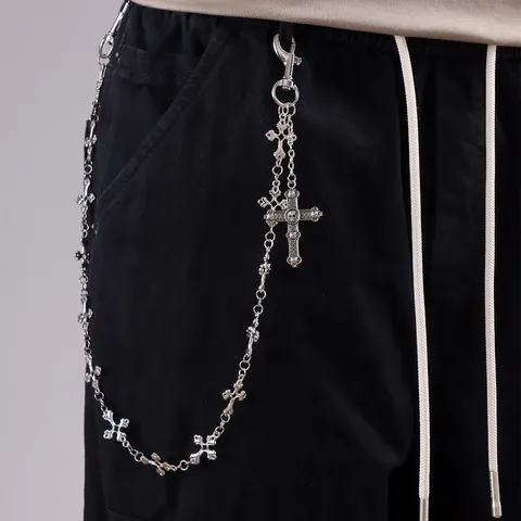 Retro Gothic Cross Pants Chain With Skull Pendant Antique Silver Plated Alloy Punk Hip Hop Waist Chain For Men Women Jeans Accessories