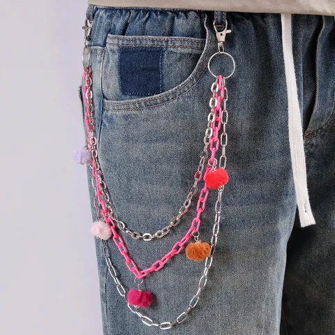 Mehrlagige Silber Metall Pink Acryl Hosenkette Mit Bunten Bommeln Damen Y2K Hip Hop Streetwear Jeans Taille Accessoire