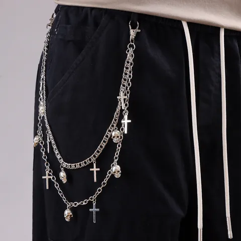 Catena per Pantaloni in Lega Metallo a Doppio Strato Hip Hop Punk Con Pendenti a Teschio E Croce per Jeans Pantaloni Gioielli Uomo Donna