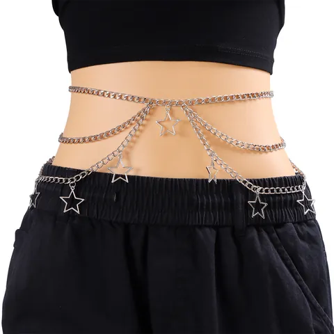 Catena da Vita in Metallo Multistrato Punk Y2K da Donna con Ciondolo a Stella Pentagramma Traforato Cintura Hip Hop Gioielli a Catena per il Corpo Argento