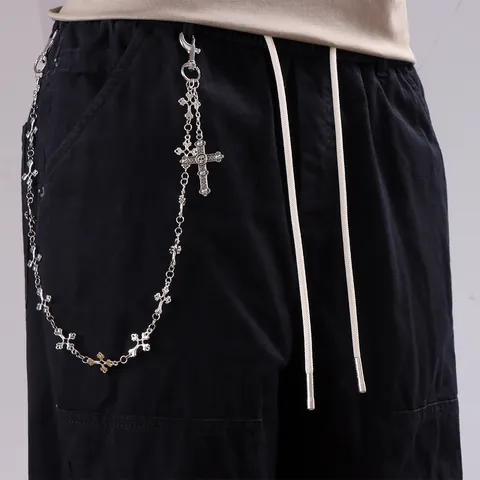 Retro Gothic Cross Pants Chain With Skull Pendant Antique Silver Plated Alloy Punk Hip Hop Waist Chain For Men Women Jeans Accessories
