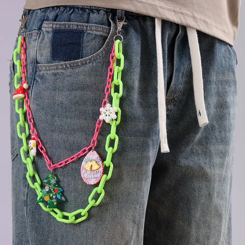 Catena per Pantaloni in Acrilico Doppio Strato Verde Neon Rosa Con Ciondoli Natalizi Pupazzo di Neve Albero per Donna Uomo Accessorio Punk Hip Hop