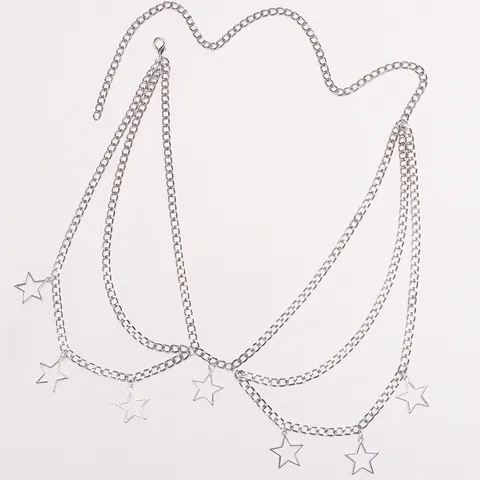 Punk Silber Metall Taillenkette Mehrschichtig Hohle Fünfzackige Stern Anhänger Körperkette Hip-Hop Sexy Schmuck Für Damen