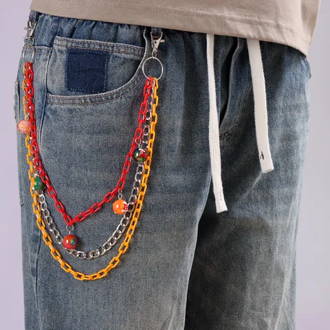 Vrouwen Vintage Meerlaagse Broekketting Acryl Kleurrijke Bal Paddenstoel Hanger Heupketting Hip Hop Straat Jeans Riem Sieraden