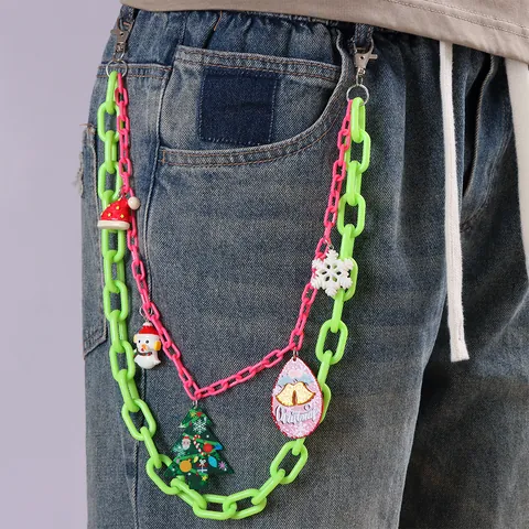 Catena per Pantaloni in Acrilico Doppio Strato Verde Neon Rosa Con Ciondoli Natalizi Pupazzo di Neve Albero per Donna Uomo Accessorio Punk Hip Hop
