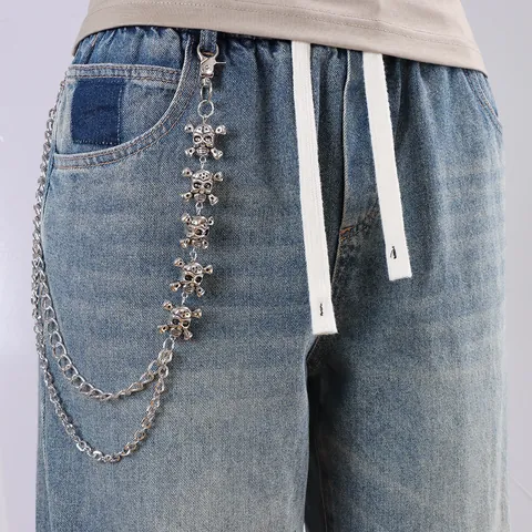 Cadena para Pantalones de Calavera Punk Gótica Hip Hop Cadena de Cintura de Metal de Doble Capa para Hombre Mujer Jeans Cartera Joyería