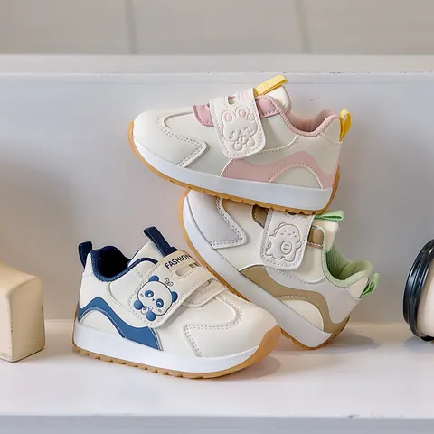 Toddler Kids Casual Sneakers Anti-Slip PU Leather Soft Sole Baby First Walker Shoes Cartoon Animal Pattern Velcro Closure Athletic Footwear