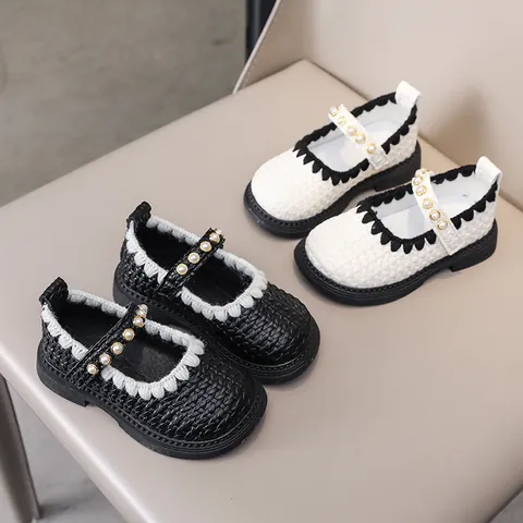Girls Mary Jane Shoes Woven PU Leather Pearl Princess Shoes Wavy Edge Soft Sole Kids Party School Dress Shoes Black White