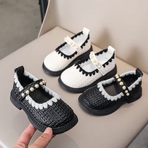 Girls Mary Jane Shoes Woven PU Leather Pearl Princess Shoes Wavy Edge Soft Sole Kids Party School Dress Shoes Black White