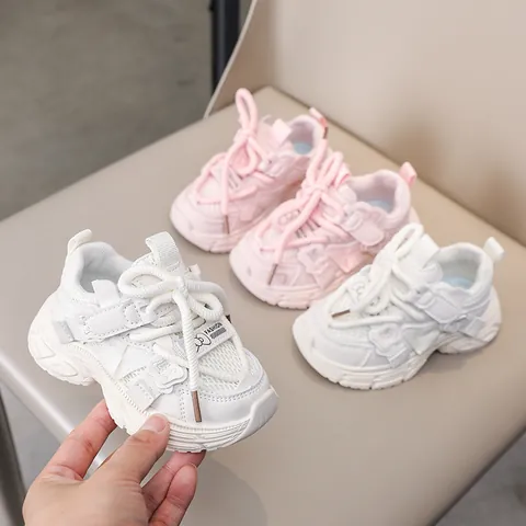 Kids Girls Mesh Breathable Sneakers Butterfly Bow Thick Sole Casual Sports Shoes White Pink Hook And Loop Running Shoes
