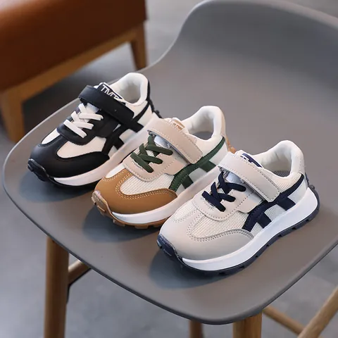 Kids Breathable Mesh Sneakers Children Lightweight Hook And Loop Running Shoes Retro Thick Sole Color Block Sports Shoes