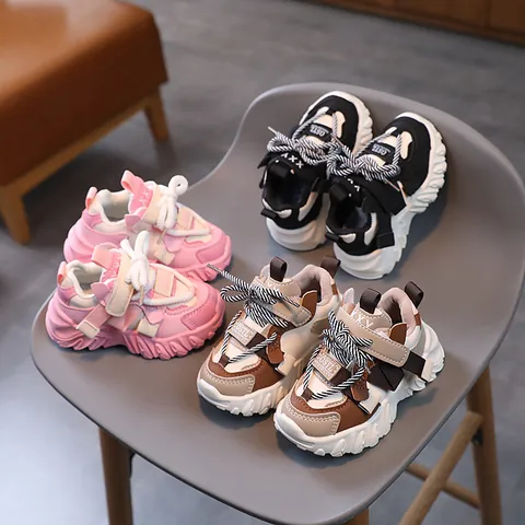 Kids Fashion Chunky Sneakers For Boys Girls Artificial Leather Patchwork Non Slip Hook And Loop Breathable Casual Athletic Running Shoes