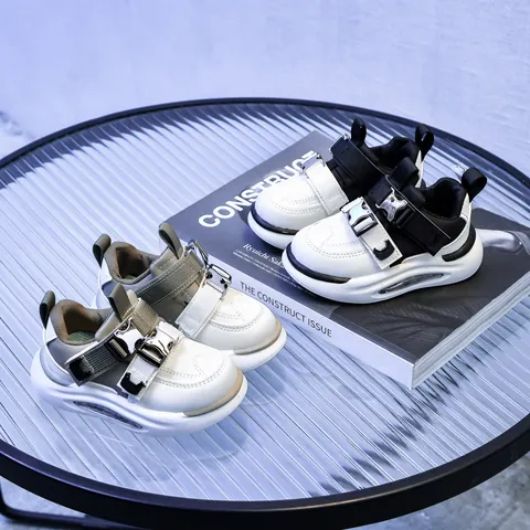 Kids Sport Shoes Synthetic Leather Breathable Thick Sole Sneakers With Dual Buckle Straps For Boys Girls Casual Outdoor