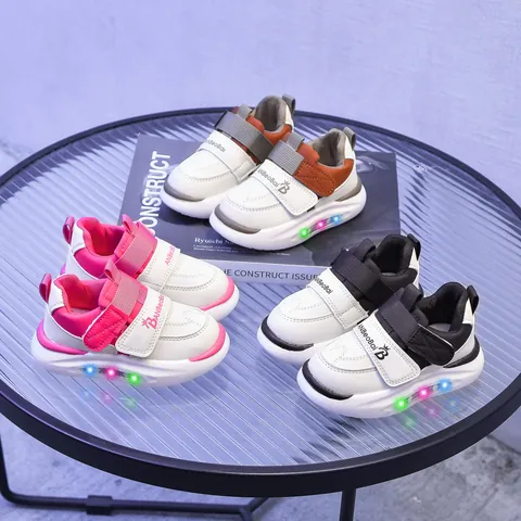 Sneakers LED Bambini Chiusura a Strappo Pelle Microfibra Scarpe Sportive Traspiranti Bimbi Suola in Gomma Antiscivolo
