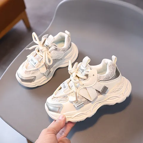 Kids Fashion Dad Sneakers Breathable Mesh Synthetic Leather Patchwork Thick Sole Non-slip Athletic Running Shoes Boys Girls