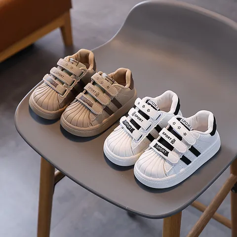Kids White Shoes Microfiber Leather Shell Toe Sneakers Anti Slip Rubber Sole Velcro Board Shoes For Boys Girls Casual Walking Shoes