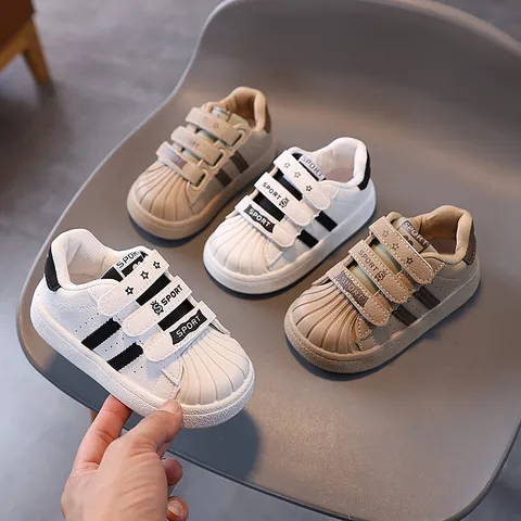 Kids White Shoes Microfiber Leather Shell Toe Sneakers Anti Slip Rubber Sole Velcro Board Shoes For Boys Girls Casual Walking Shoes