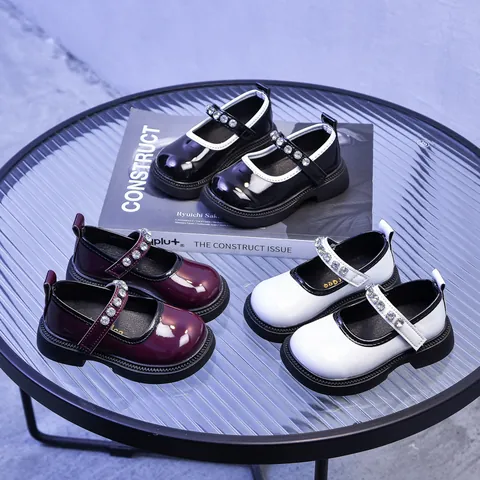 Scarpe Mary Jane da Bambina in Vernice Lucida Fibbia in Strass Suola Spessa Stile Preppy Scarpe da Scuola per Bambini