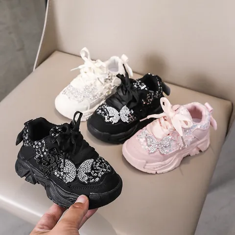 Sneakers da Bambina con Fiocco di Strass Scarpe da Principessa con Paillettes Lacci in Raso Suola Morbida Antiscivolo Scarpe Casual da Camminata per Neonati