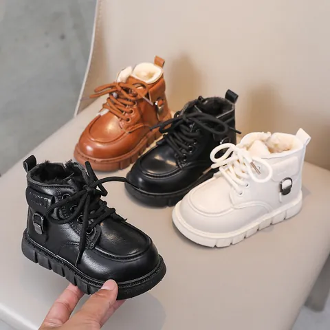 Bottines Martin d'Hiver pour Enfants Cuir Microfibre Doublé Peluche Chaud Imperméable Antidérapant Bottes pour Garçons Filles