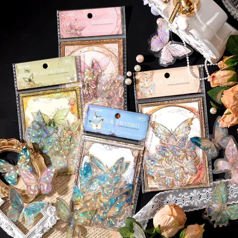PET Schmetterling Aufkleber Vintage Laser Goldprägung Eiskristall Scrapbooking Sticker Für DIY Journal Planer Dekoration Kunsthandwerk Ästhetik Sticker