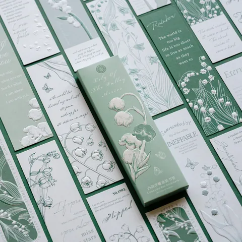 Lily Of The Valley Embossed Relief Specialty Paper Boxed Bookmark Set Vintage Floral Green White Reading Accessory Gift