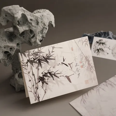 Chinese Style Hot Stamping Greeting Card Vellum Envelope Stickers Ink Wash Bamboo Landscape Pattern Stationery Blessing Gift