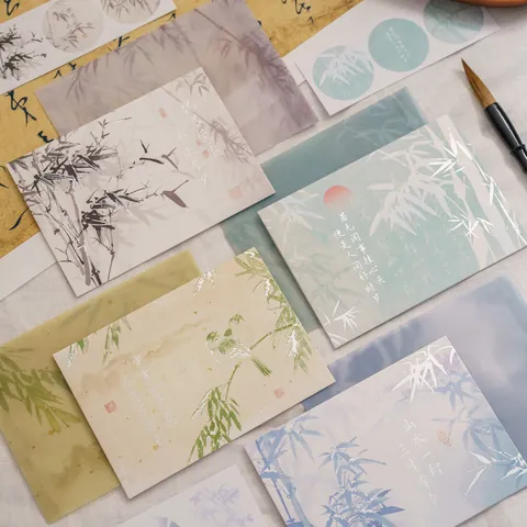 Chinese Style Hot Stamping Greeting Card Vellum Envelope Stickers Ink Wash Bamboo Landscape Pattern Stationery Blessing Gift