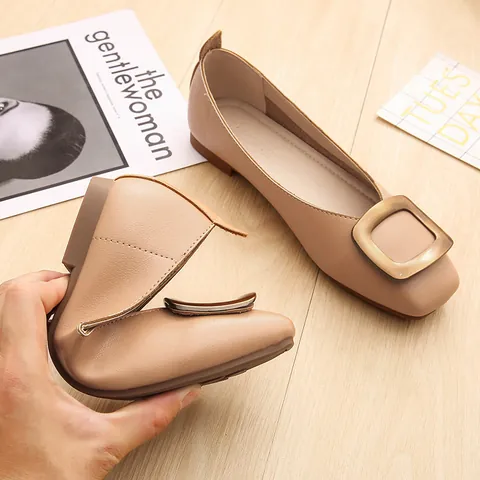 Women Square Toe Flat Shoes Vintage Metal Square Buckle Microfiber Slip On Loafers Comfortable Soft Sole Grandmother Shoes