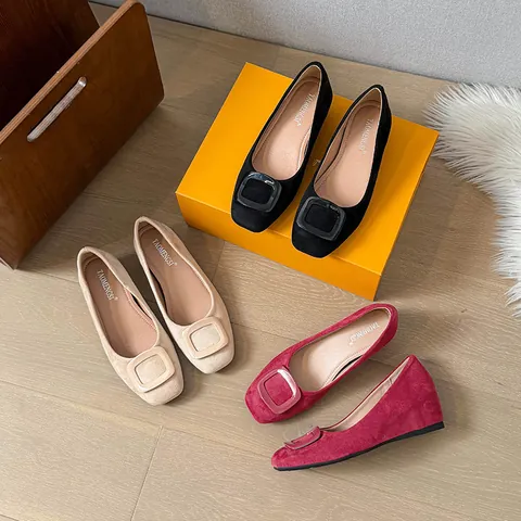Scarpe Décolleté con Zeppa a Punta Quadrata in Pelle Scamosciata da Donna Con Fibbia Quadrata Mary Jane per Ufficio Quotidiano