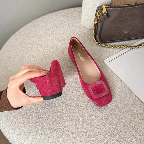 Scarpe Décolleté con Zeppa a Punta Quadrata in Pelle Scamosciata da Donna Con Fibbia Quadrata Mary Jane per Ufficio Quotidiano