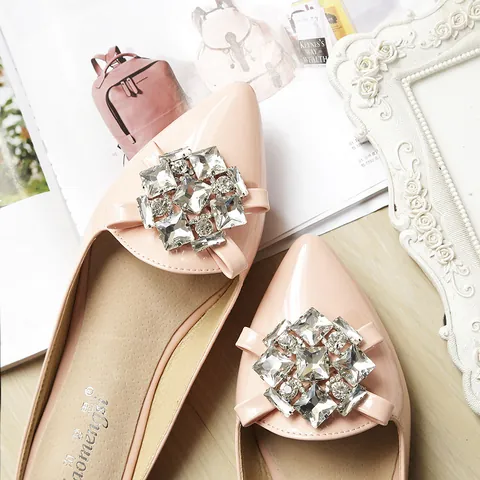 Elegant Women Pointed Toe Flat Mules With Large Square Rhinestone Buckle Glossy PU Leather Slip On Slippers Casual Shoes