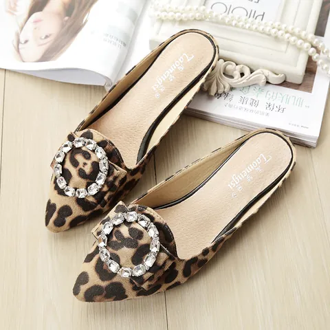 Women Pointed Toe Flat Mules Elegant Artificial Pearl Rhinestone Buckle Loafers Leopard Print Slip On Shoes For Daily Banquet